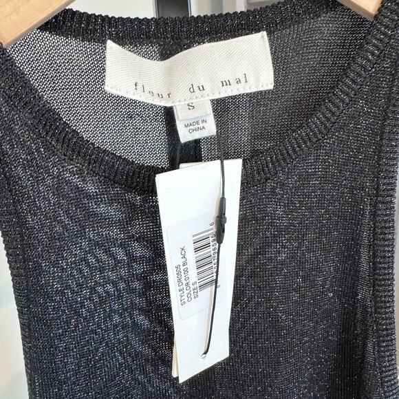 Fleur De Mal  Sheer Racerback Midi Dress NEW Black Silver Metallic Shimmer NWT S - Picture 6 of 7